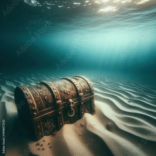 Discovering a hidden treasure chest resting on the ocean floor in a serene underwater landscape