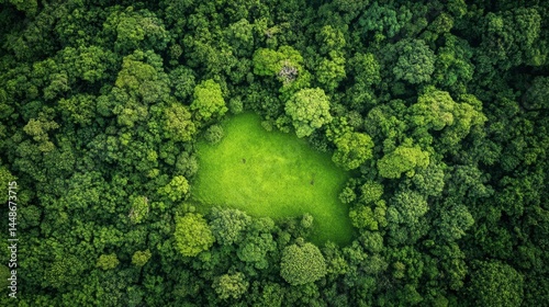 Aerial view of a lush green forest with a vibrant meadow creating a natural clearing showcasing nature's beauty and tranquility in a serene environment from above