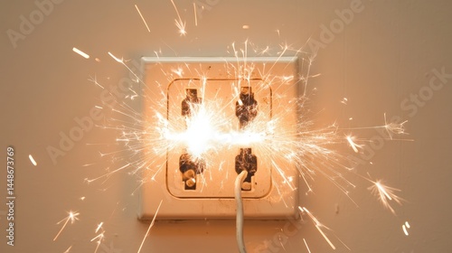Plugged cord lights up with erratic sparks in a white wall outlet, symbolizing faulty wiring or overload in a household environment.