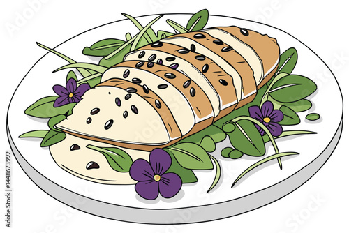 35 Delicate chicken breast pieces, creamy sauce, black sesame seeds, fresh green microgreens, purple edible flowers, vibrant salad leaves, white plate, high-contrast lighting, food photography, gourme