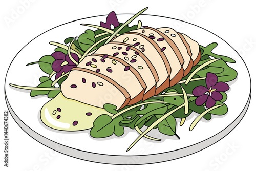 35 Delicate chicken breast pieces, creamy sauce, black sesame seeds, fresh green microgreens, purple edible flowers, vibrant salad leaves, white plate, high-contrast lighting, food photography, gourme