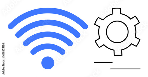 Gear and blue wireless symbol indicate technology, settings, and wireless communication. Ideal for IoT, tech support, networking, system optimization, online services, automation simple landing page