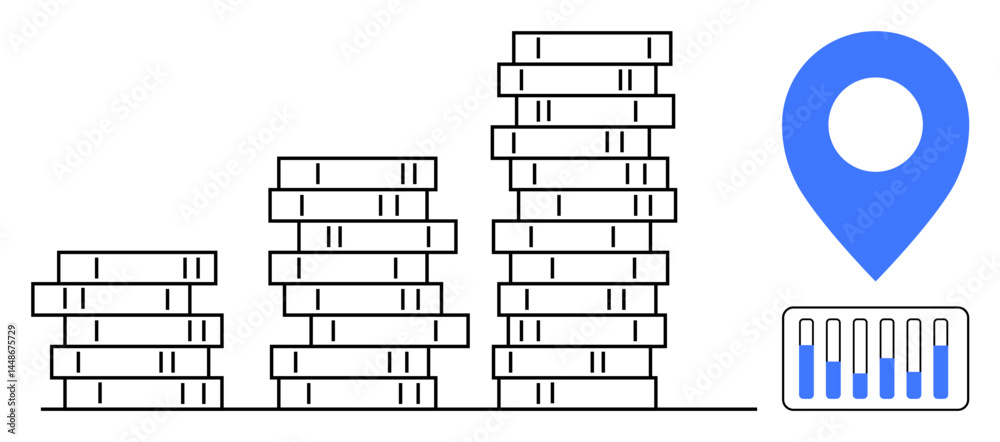 Stacks of coins increase in height alongside a blue map marker and data chart. Ideal for finance, savings, investment, economic growth, budget planning, wealth management, simple landing page Stacks of coins increase in height alongside a blue map marker and data chart. Ideal for finance, savings, investment, economic growth, budget planning, wealth management, simple landing page