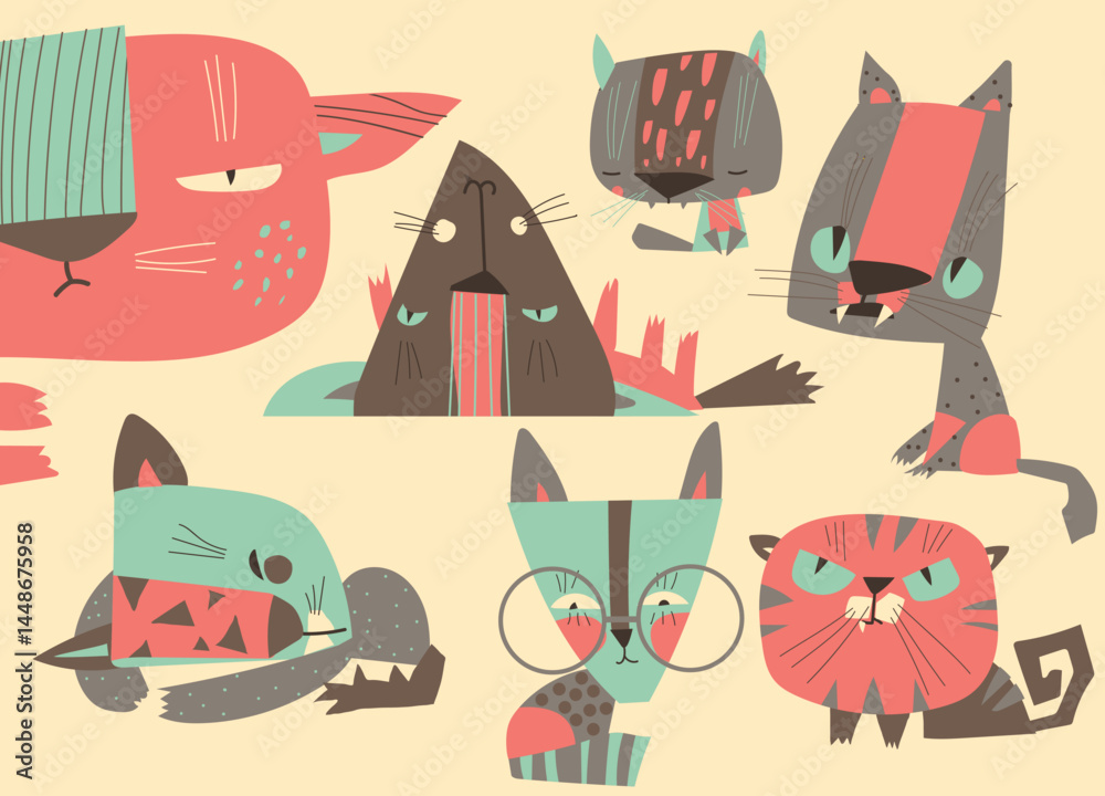 Cats characters with abstract colorful decorative doodles geometric pattern on body set. Funny adorable fluffy kittens mascot with trendy prints on back and tummy design