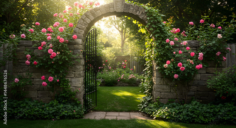 Fototapeta premium Enchanting Garden Gate Adorned with Roses And Sunlight Through Stone Arch