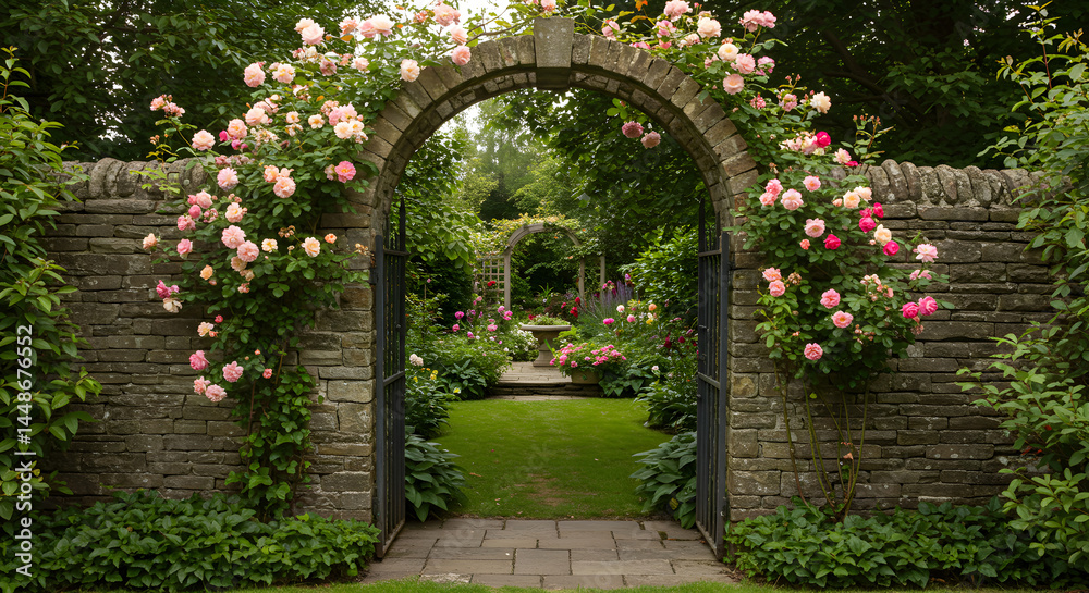 Fototapeta premium Romantic Garden Entrance Through An Ancient Stone Archway With Roses