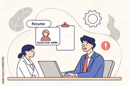 Job Interview Illustration – HR Manager Reviewing Resume of Female Candidate