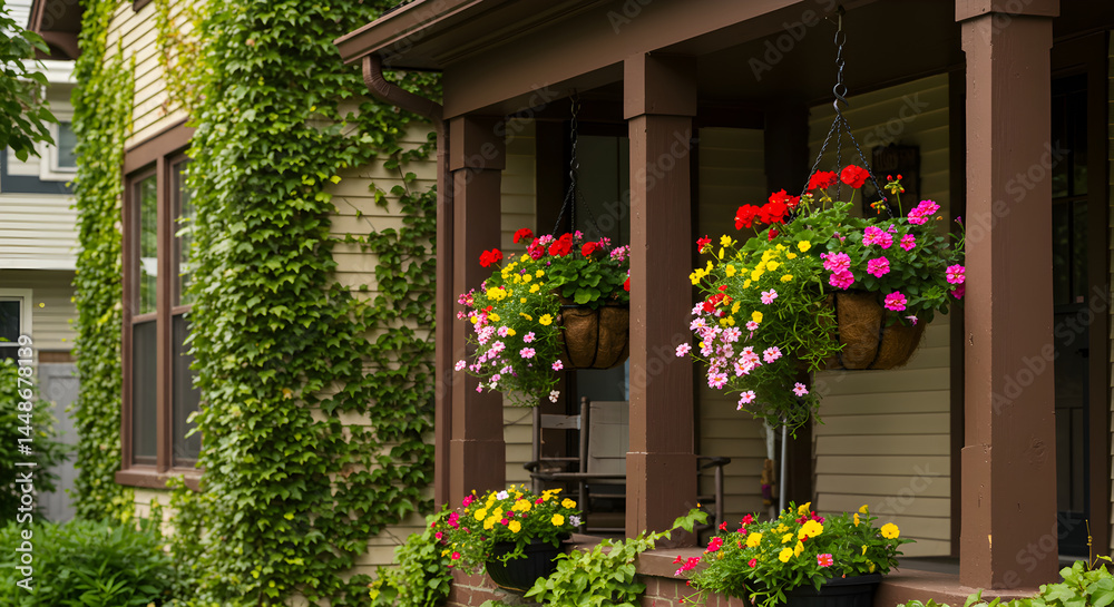 Charming Porch Adorned With Hanging Flower Baskets And Lush Green Ivy Charming Porch Adorned With Hanging Flower Baskets And Lush Green Ivy