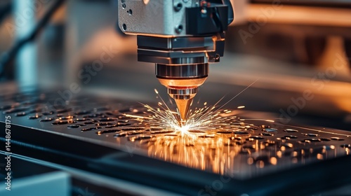 High Precision Laser Cutting Machine Creating Sparks on Metal Sheet