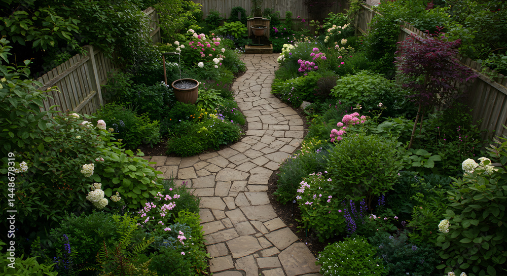 Stone Pathway Winding Through a Lush Garden Paradise With Colorful Flowers Stone Pathway Winding Through a Lush Garden Paradise With Colorful Flowers