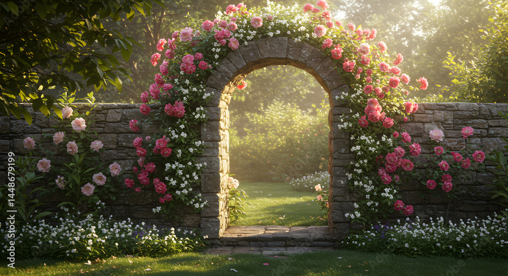 Obraz premium Enchanting Stone Archway Adorned with Blooming Pink Roses in a Lush Garden Setting