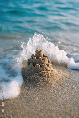 Sandcastle on the shoreline with incoming waves. Calm, serene, and peaceful