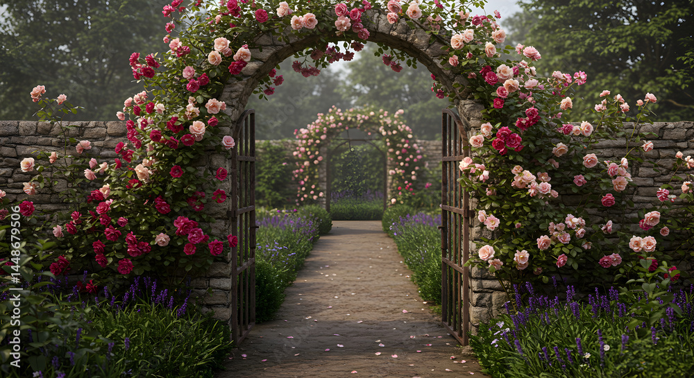 Fototapeta premium Enchanting Rose Archway In Tranquil Garden Setting With Winding Path