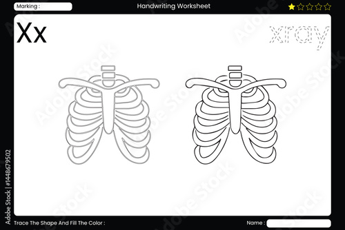 Trace Letter X. Exploring X-ray Coloring Page for Kids. Printable Vocabulary Builder. Educational Vector Worksheet.