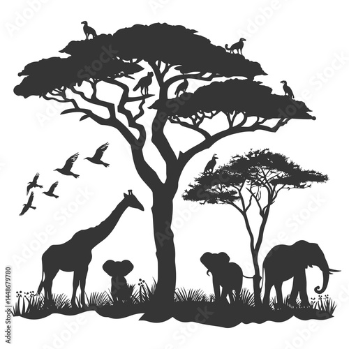 Photography Safari Landscape with Giraffes and Elephants Silhouette