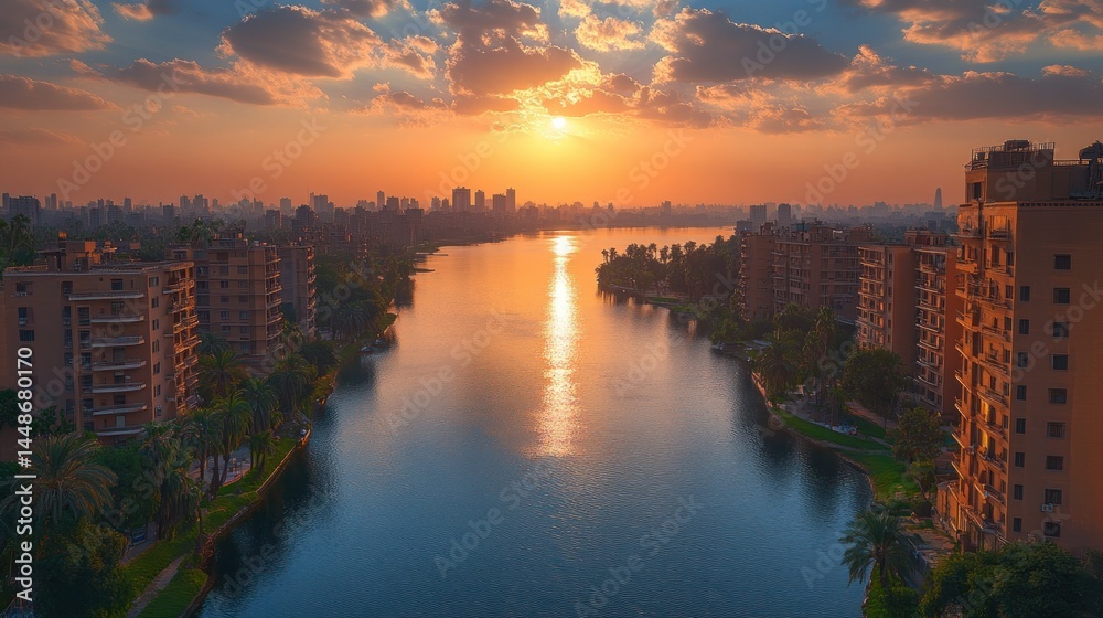 Fototapeta premium Cityscape at sunset over a canal