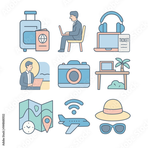 Set of 12 business travel themed vector icons including suitcase, office worker, Wi-Fi, airplane, camera, desk, pastel colors, sharp lines, suitable for all platform vector stock.