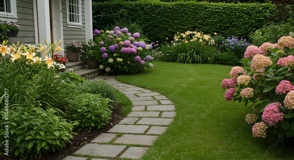 Obraz premium Charming Garden Displaying Colorful Hydrangeas And Stone Pathway Landscaping Beauty
