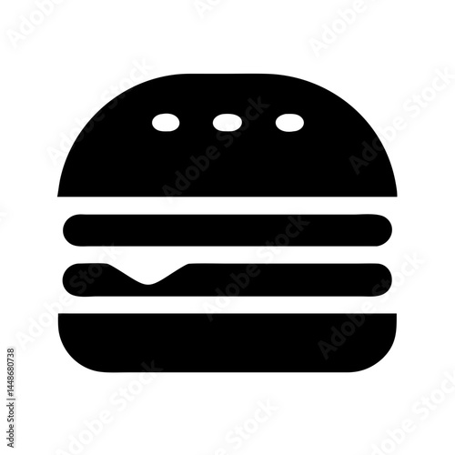 Solid black icon of a hamburger with bun and layers, symbolizing fast food, snack time, or restaurant menu items.
