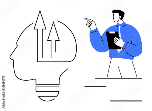 Businessman in formal attire gesturing towards arrows symbolizing growth inside a head-shaped lightbulb. Ideal for brainstorming, innovation, leadership, business strategy, education, growth mindset