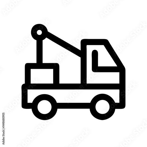 Simple black line icon of a tow truck with a crane arm and wheels, designed in a minimal outline style on white background.
