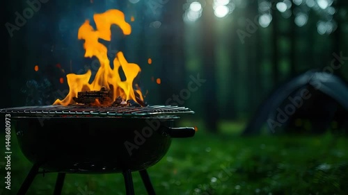 A cozy campfire flames dance over a grill in a serene forest setting.
