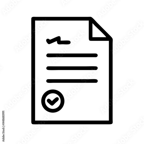 Outlined document with signature and checkmark, representing approval, contract signing, legal agreement, or certified paperwork.

