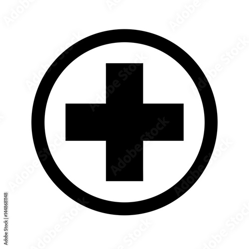 Black cross inside a circle symbolizing healthcare, first aid, medical assistance, or emergency response in clinical and health contexts.
