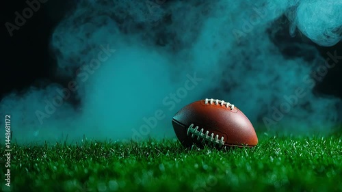 A football resting on grass, enveloped in a mystic blue smoke contrast.