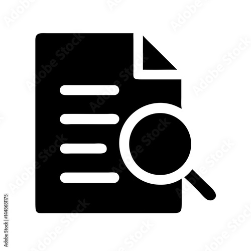 Black icon showing a document with a magnifying glass, symbolizing research, file search, review, or analysis in digital or business contexts.

