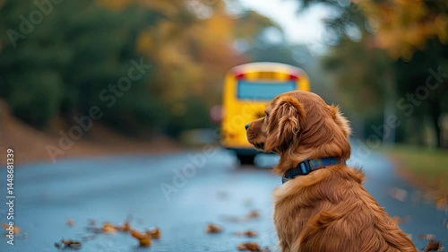 A golden retriever waiting by the roadside as a yellow school bus passes by.