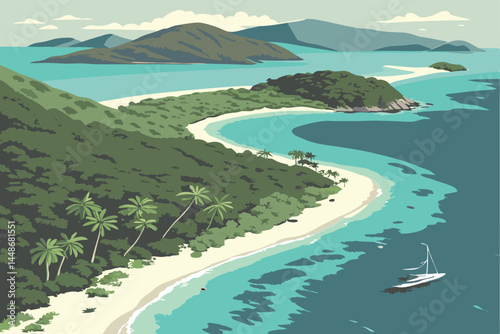 38 Tropical paradise, crystal clear turquoise water, white sandy beach, lush green coastline, remote island cove, aerial view, vibrant colors, calm ocean, shallow reef, palm trees, mountain backdrop, 