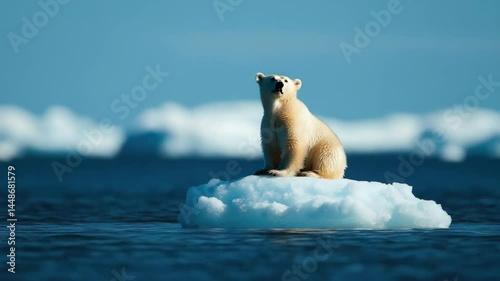 A polar bear resting on a small ice floe in a serene arctic landscape.