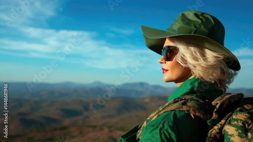 A woman in stylish outdoor gear enjoys a scenic view in the mountains.