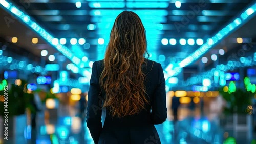A woman stands in an airport terminal, illuminated by vibrant blue lights, ready for adventure.