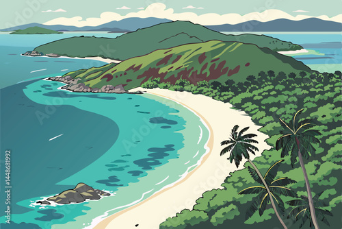 38 Tropical paradise, crystal clear turquoise water, white sandy beach, lush green coastline, remote island cove, aerial view, vibrant colors, calm ocean, shallow reef, palm trees, mountain backdrop, 