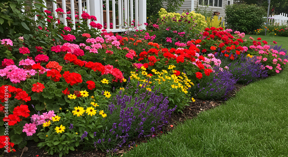 Colorful Flowerbed Displaying a Variety of Flowers in Front of a House Colorful Flowerbed Displaying a Variety of Flowers in Front of a House