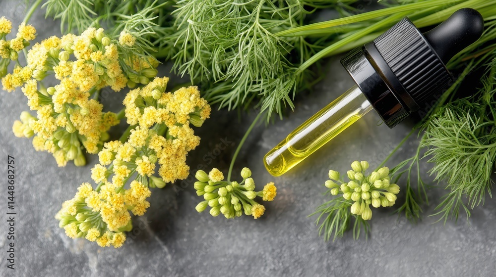 Fototapeta premium A minimalistic arrangement of dill seed-infused oil in a dropper bottle surrounded by fresh dill and yellow flowers