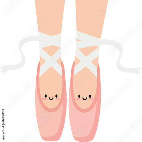 Ballet shoes with ribbons and cute smiling faces pink slippers for dance vector illustration 