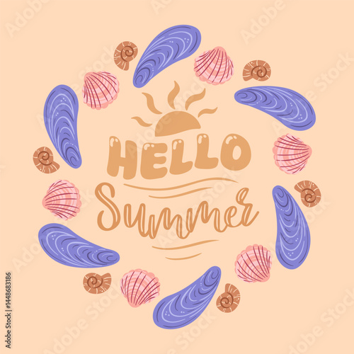 vector illustration featuring the words Hello Summer beautifully written in the sand, accompanied by an assortment of seashells scattered around, evoking the essence of beach paradise, summertime joy.