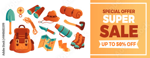 vibrant vector illustration showcasing a horizontal banner for a super sale on camping gear. Featuring tents, backpacks, and outdoor accessories, perfect for promoting adventure and outdoor activities