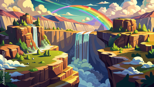 Crystal waters fall with rhythmic might.
Surrounded by mossy cliffs and misty air.
A place where silence meets thunder.
Best suited for dreamy landscape vector artwork.


