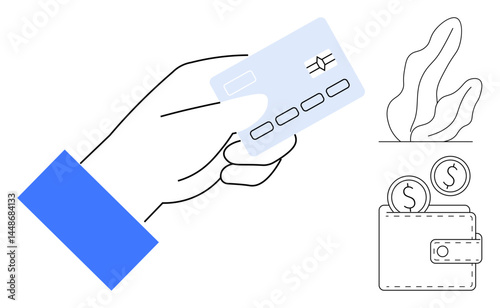 Hand presenting credit card alongside wallet with coins and stylized plant outline. Ideal for finance, banking, payment, e-commerce, budgeting, savings, fintech concepts. Perfect for a simple landing