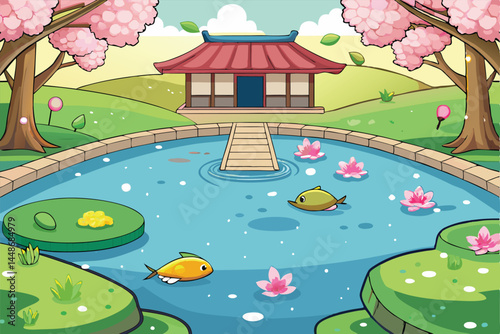 Serene japanese garden illustration featuring pond koi fish cherry blossoms and pagoda