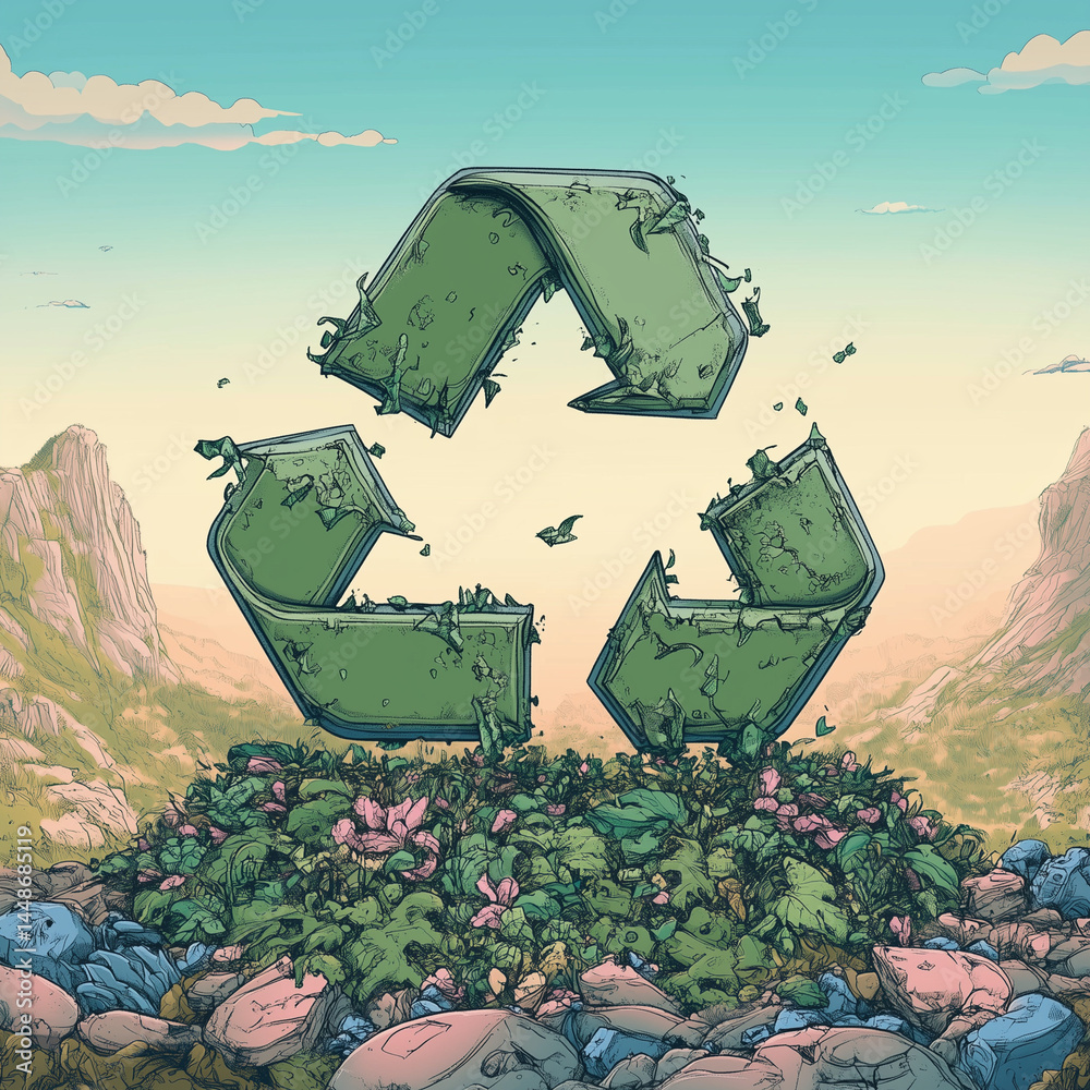 Símbolo de reciclagem verde em estilo cartoon com traços simples e divertidos sobre fundo branco. Ideal para projetos sustentáveis, campanhas educativas e conteúdo ecológico