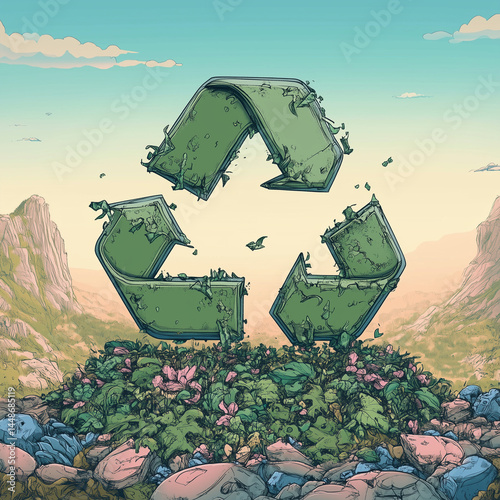 Obraz na płótnie Símbolo de reciclagem verde em estilo cartoon com traços simples e divertidos sobre fundo branco. Ideal para projetos sustentáveis, campanhas educativas e conteúdo ecológico w salonie
