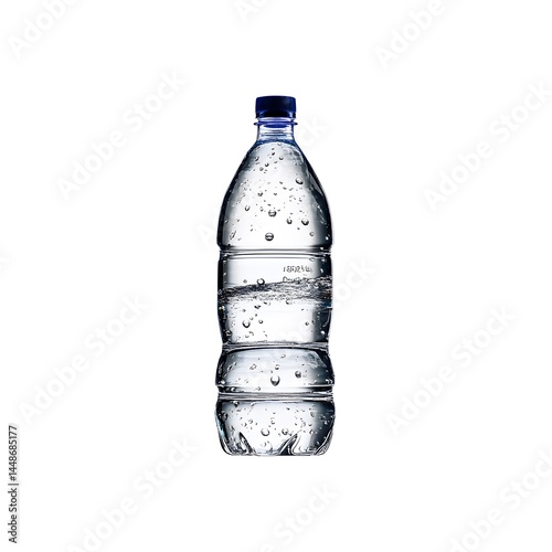 A translucent plastic bottle filled with water and condensation drops, highlighted against a clean white backdrop for pure hydration.