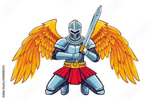 Angel with large sword, kneeling with open wings, vector illustration, Knight angel with golden wings kneeling holding sword