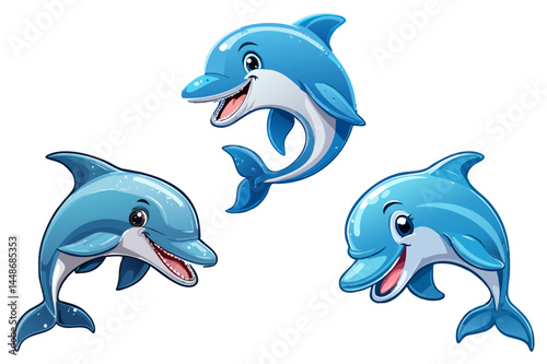 Cheerful cute jumping cartoon dolphin isolated on white background, Playful Dolphin, cheerful dolphin leaping above water with a smiling expression, set