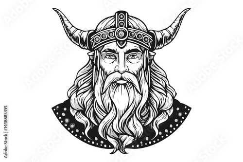 Black and white portrait of God Odin - Norse Mythology Art Antique Style, Odin, Norse God of Wisdom, A majestic illustration of Odin, the chief god in Norse mythology, depicted with his long beard